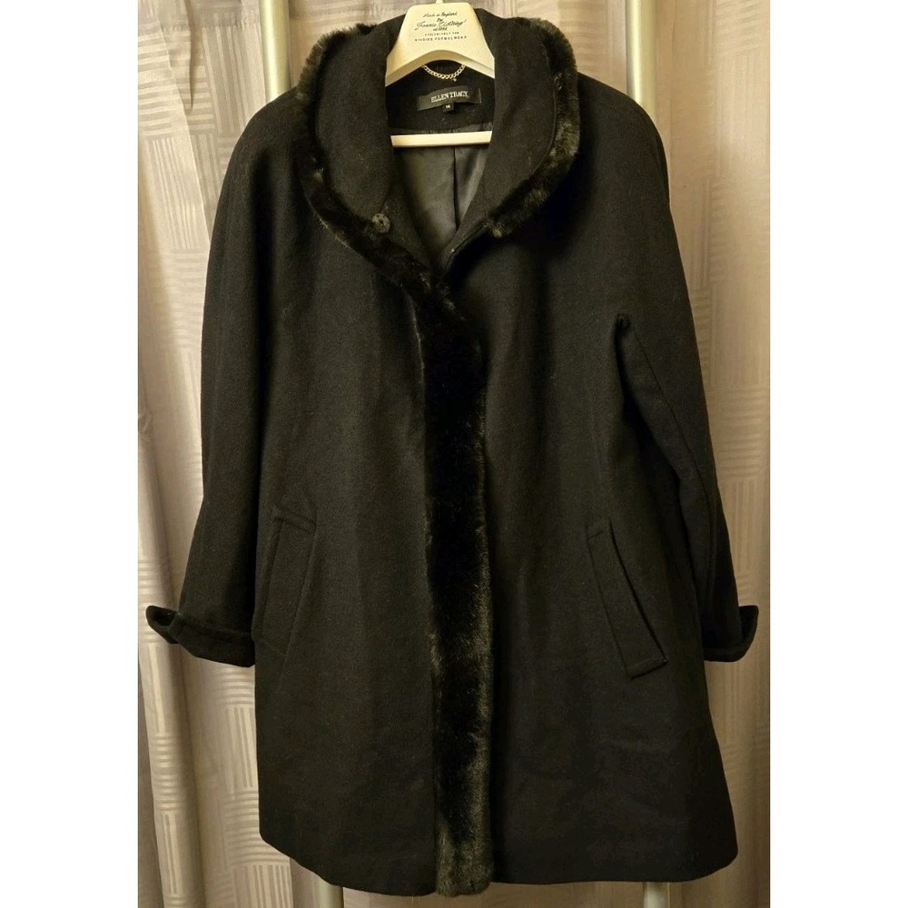 Ellen Tracy Womens Wool Coat Overcoat Mid length Black Faux Fur Trim Sz US 14